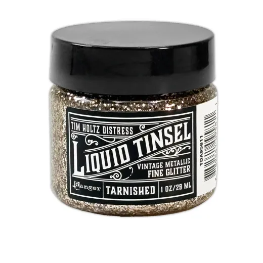 Tim Holtz Distress Liquid Tinsel Fine Tarnished, 29 ml Dose mit schwarzem Deckel, gefüllt mit grausilbernem feinen Glitzer