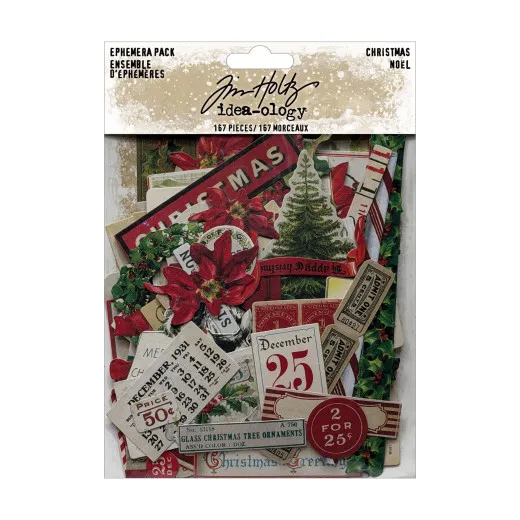 Tim Holtz Idea-Ology Ephemera Pack Christmas mit 167 Teilen in Vintage-Rot-Grün, Verpackung mit Poinsettien und nostalgischen Designs