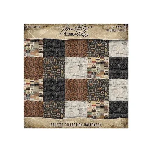 Tim Holtz Idea-Ology Halloween Palette Collection 8x8 Paper Pad mit 12 beidseitigen Bögen in Orange, Schwarz, Beige und Braun mit Damast-, Spinnennetz- und Ephemera-Designs