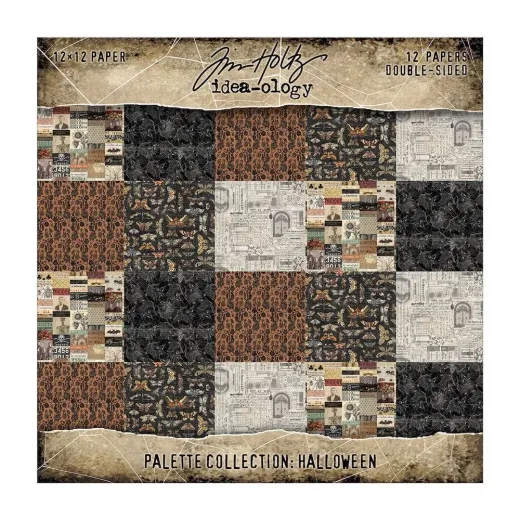 Tim Holtz Idea-Ology Halloween Paper Pad 12x12 mit 12 beidseitig bedruckten Bögen in Schwarz, Orange und Creme