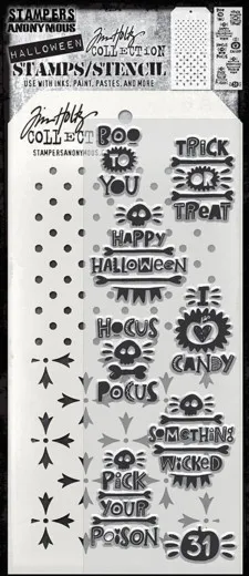 Tim Holtz Mixed-Media Set Halloween Tidbits mit Stempeln und Schablone