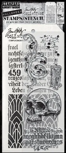 Tim Holtz Mixed-Media Set Foreboding mit Stempeln und Schablone auf Musterkarte