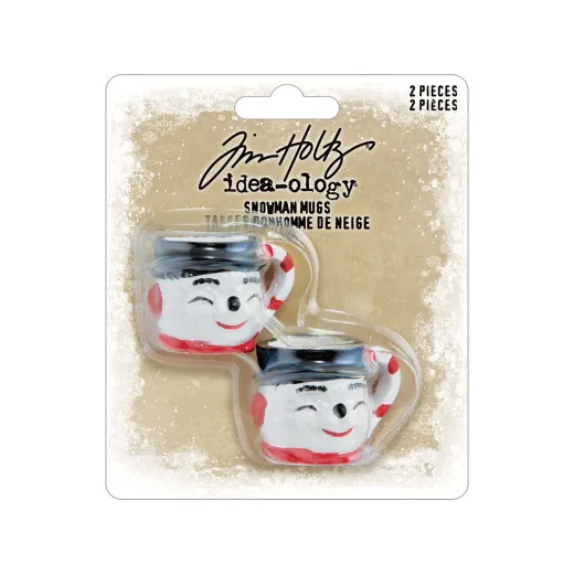Tim Holtz Snowman Mugs Verpackung mit 2 Miniaturtassen mit Schneemanngesicht, schwarzem Hut und rot-weiß gestreiftem Henkel