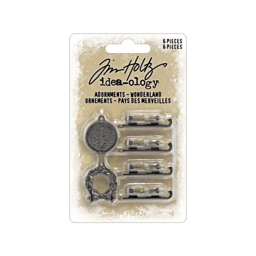 Tim Holtz Wonderland Adornments Set mit 6 Metallverzierungen, Verpackung mit Medaillon und Kranzanhänger