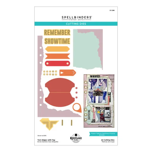 Verpackung der Stanzschablone "Torn Edges with Tag" mit Banner-, Anhänger- und Etikett-Motiven sowie einem Reise-Anhänger "Sightseeing"