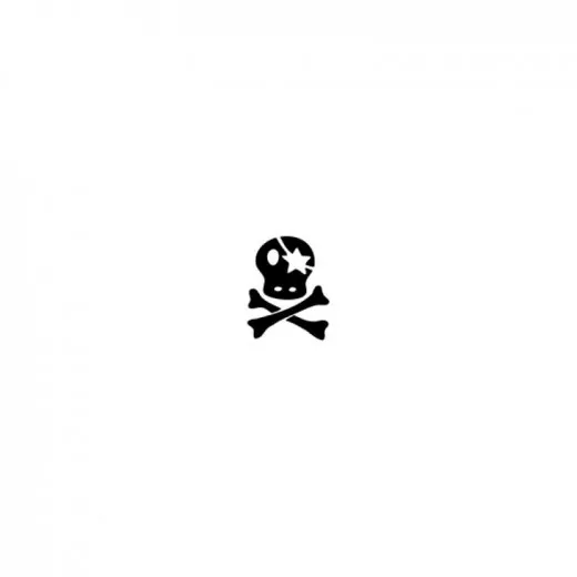 Stempel Motiv Totenkopf mit gekreuzten Knochen und Augenklappe schwarz auf weißem Grund