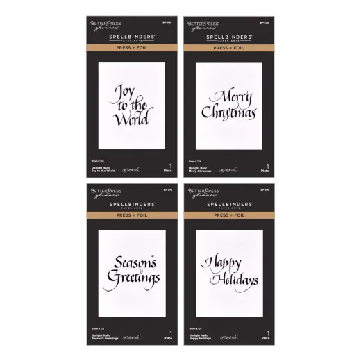 Vier Press-and-Foil-Prägeplatten mit handgeschriebenen Weihnachtsgrüßen Joy to the World, Merry Christmas, Season's Greetings und Happy Holidays in Upright-Italic-Kalligrafie.