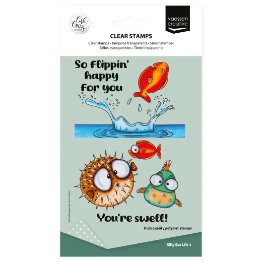 Vaessen Creative Clear Stamps Silly Sea Life 1 auf Verpackung mit Fischen und Sprüchen