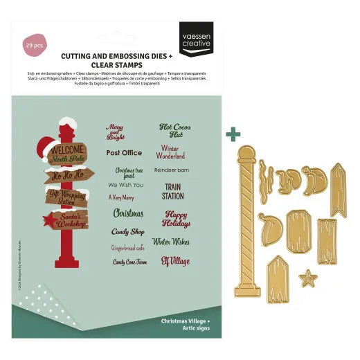 Vaessen Creative Set Nordpol-Wegweiser mit Clear Stamps und goldfarbenen Stanzschablonen in Verpackung