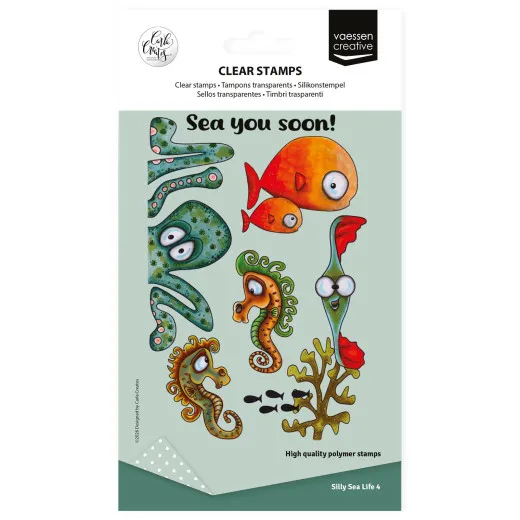 Vaessen Creative Clear Stamps Silly Sea Life 4 mit Oktopus, Seepferdchen und Fischen auf mintgrünem Hintergrund