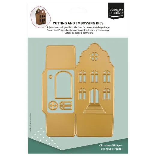 Verpackung Vaessen Creative Stanzschablonen-Set 3D Häuschen mit Glockengiebel, goldene Dies, Christmas Village