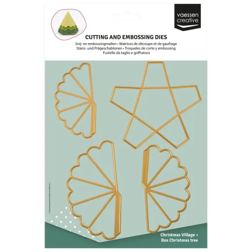 Verpackung Vaessen Creative Stanzschablonen-Set 3D Weihnachtsbaum mit 4 goldfarbenen Dies auf mintgrünem Hintergrund