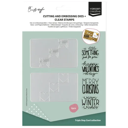 Vaessen Creative Stempel und Stanzschablonen Set Winter und Valentinstag in Originalverpackung mit Beispielfoto.