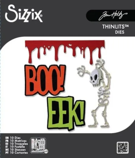 Verpackungsfoto der Stanzformen mit Blutstropfen-Banner, „BOO!"/„EEK!"-Schriftzügen und Skelett-Figur.