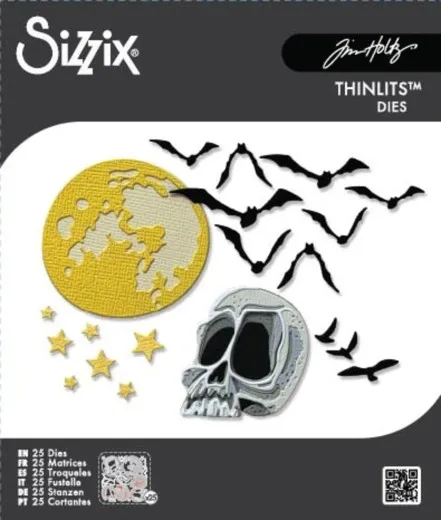 Verpackungsfoto der Stanzformen mit Vollmond, Fledermausschwarm, Sternen und Totenkopf.