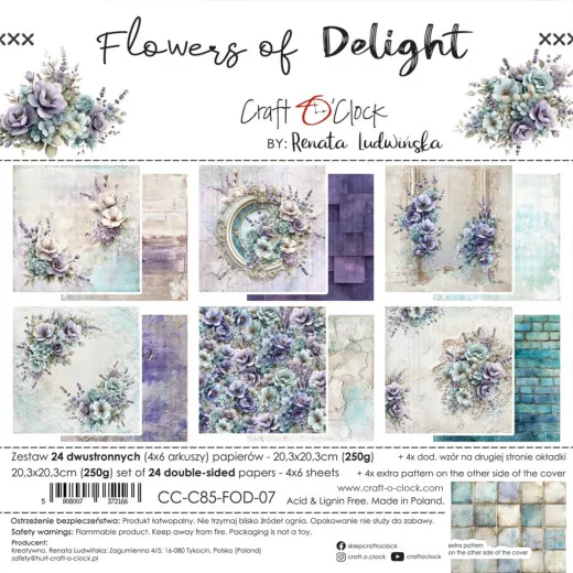 Verpackungsvorderseite des 20,3cm-Papiersets Flowers of Delight mit sechs Blumenmotiven