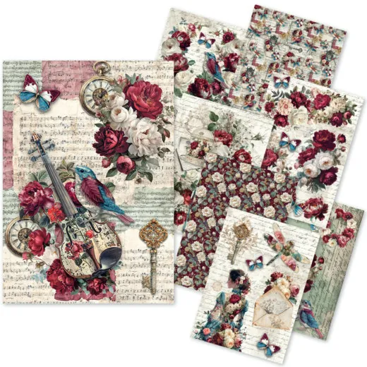 Übersicht aller acht Reispapier-Designs des Sets 'Bohemian Burgundy' mit vergrößertem Motiv aus Geige, Notenblättern und Rosen.