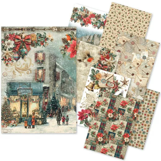 Übersicht aller acht Reispapier-Designs des Sets 'Merry & Bright' mit vergrößertem Motiv eines verschneiten Weihnachtsschaufensters.