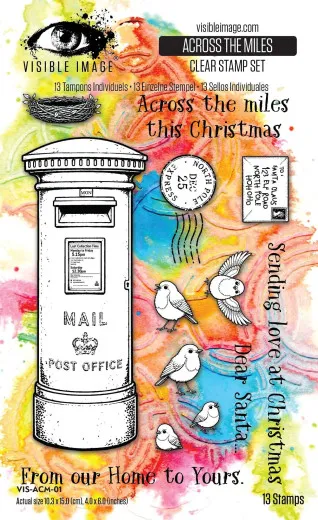 Verpackung des Clear-Stamp-Sets 'Across the Miles' mit 13 Einzelstempeln: britischer Briefkasten, fliegende und sitzende Rotkehlchen, Nordpol-Poststempel und Umschlag an den Weihnachtsmann.