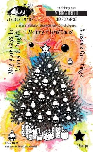 Verpackung des Clear-Stamp-Sets 'Merry & Bright' mit 9 Einzelstempeln: reich geschmückter Weihnachtsbaum mit Christbaumkugeln, Stern und Geschenken darunter.