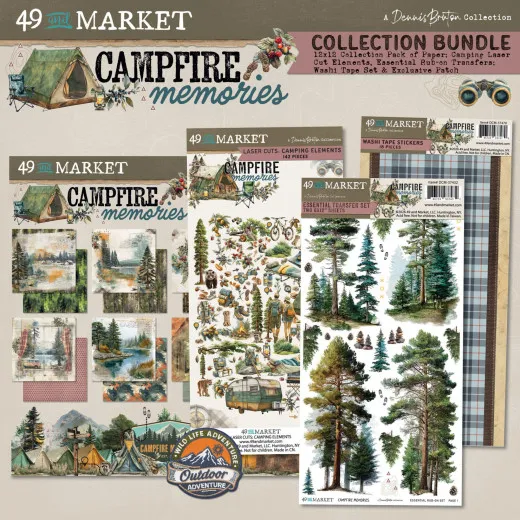 Produktfoto des Bundles mit 12x12 Collection Pack, Laser-Cut-Elementen, Rub-On-Transfers, Washi-Tape und Patch der Kollektion Campfire Memories.