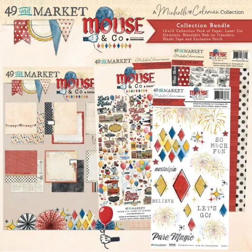 Produktfoto des Bundles mit 12x12 Collection Pack, Laser-Cut-Elementen, Washi-Tape und Rub-On-Transfers der Kollektion Mouse & Co.