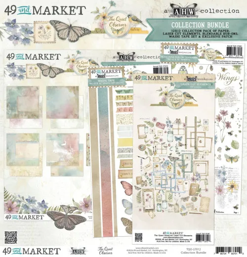 Produktfoto des Bundles mit 12x12 Collection Pack, Laser-Cut-Elementen, Rub-On-Transfers, Washi-Tape und Patch der Kollektion The Quiet Observer.