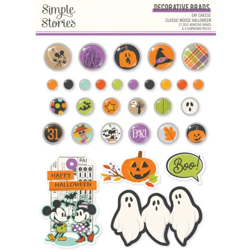 Verpackung mit 27 Deko-Brads und 4 Chipboard-Teilen im Halloween-Design: Kürbisse, Fledermäuse, Geister und Mickey-Symbole