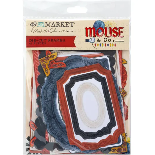 Verpackungsvorderseite mit gestanzten Bilderrahmen der Kollektion Mouse & Co. in Rot, Schwarz, Gold und Blau.