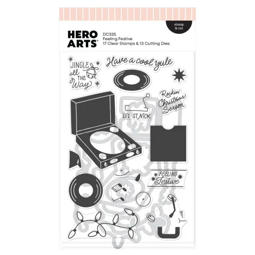 Verpackung des Hero-Arts-Sets 'Feeling Festive' mit Illustrationen von Plattenspieler, Schallplatten, Lichterkette und weihnachtlichen Sprüchen.