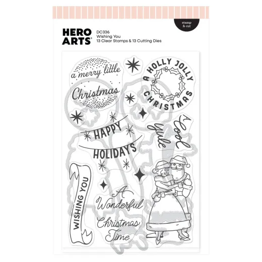 Verpackung des Hero-Arts-Sets 'Wishing You' mit Illustrationen von Weihnachtsgrüßen, Sternen und einem tanzenden Weihnachtspaar.