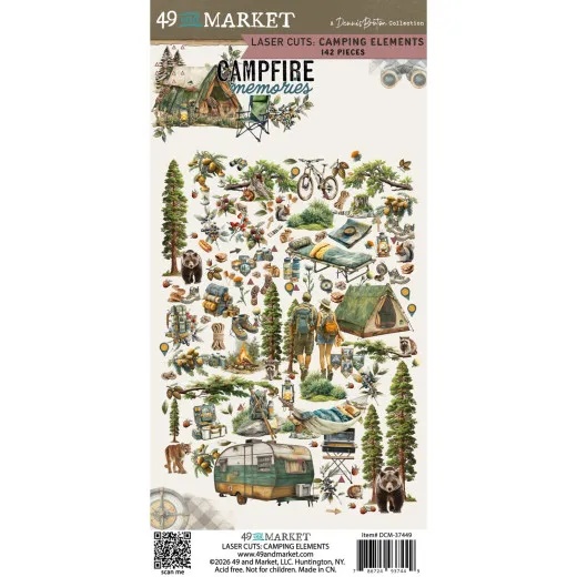 Verpackungsvorderseite mit Laser-Cut-Camping-Elementen der Kollektion Campfire Memories, u. a. Bären, Tannen und Wohnwagen.