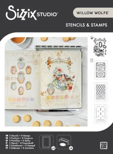 Verpackungsvorderseite mit koloriertem Anwendungsbeispiel zweier Vögel auf einer Teetasse sowie Vorschau der Stempel- und Schablonenmotive