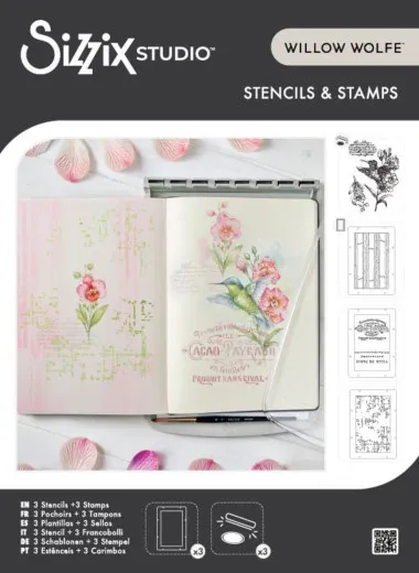 Verpackungsvorderseite mit koloriertem Anwendungsbeispiel eines Kolibris an Orchideenblüten sowie Vorschau der Stempel- und Schablonenmotive