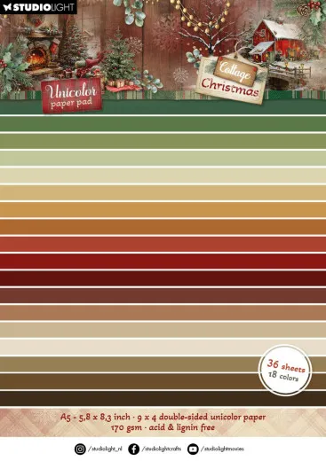 Verpackung des Unicolor Paper Pads mit Farbstreifen-Übersicht aller 18 Unifarben von Tannengrün bis Dunkelbraun.