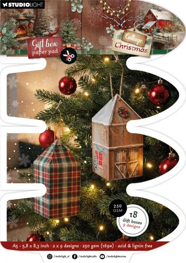 Verpackung des Gift Box Paper Pads mit als Weihnachtsbaumschmuck gestalteten Geschenkboxen in Hausform, in Karo- und Landschaftsdesign.