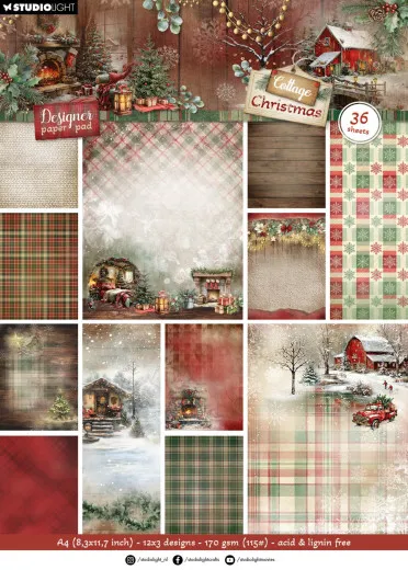 Verpackung des A4 Designer Paper Pads Backgrounds mit winterlichen Szenenmotiven und Karo-/Holzoptik-Hintergrundpapieren.