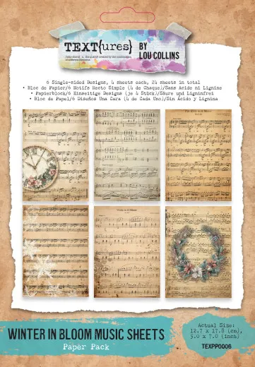 Verpackung des 5x7 Paper Pads mit sechs Vintage-Notenblatt-Designs, teils mit Uhr- und Kranzmotiv.