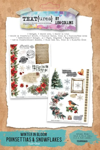 Verpackung des Rub-On Transfer Sets mit zwei Bögen: Poinsettien-Bordüre mit Poststempeln sowie Tannenbaum-, Schneeflocken- und Rotkehlchen-Motiven.