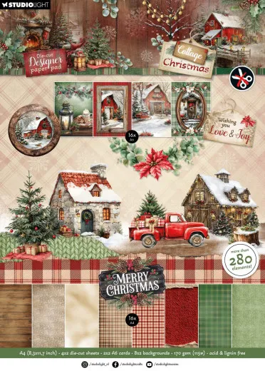 Verpackung des A4 Die-Cut Designer Paper Pads mit Stanzrahmen, Winterlandschaften und weihnachtlichen Musterpapieren.