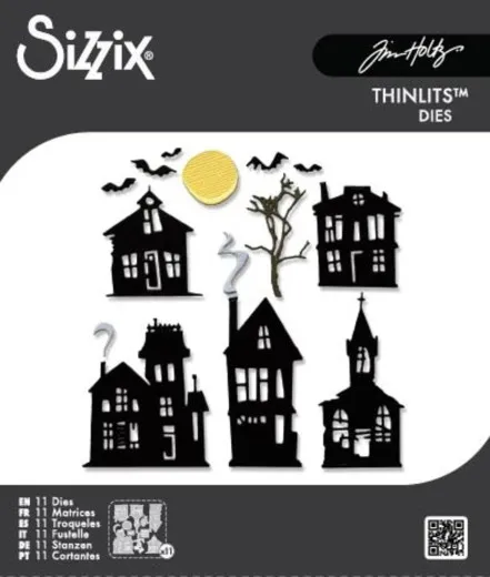 Verpackungsvorderseite mit Übersicht aller elf Stanzformen: fünf Geisterhäuser, Kirche, Vollmond, Fledermäuse und kahler Baum
