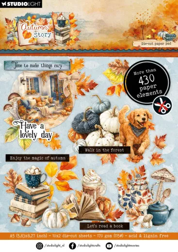 Vorderseite des A5-Stanzteile-Papierblocks „Autumn Story" mit über 430 Papierelementen wie Kürbissen, goldenem Retriever und Kakaotasse