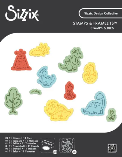 Verpackungsvorderseite mit farbigen Dinosaurier-, Vulkan- und Baummotiven aus Stempeln und Stanzformen