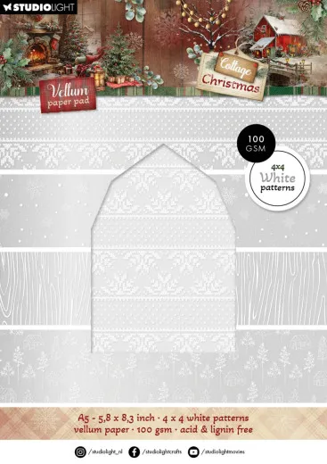 Verpackung des Vellum Pattern Paper Pads mit vier weißen Mustern, u.a. Fair-Isle und Holzmaserung, auf transparentem Papier.