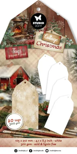 Verpackung des Tags Paper Pads mit 20 weißen, teils mit Schneeflocken bedruckten Anhängern in Hausform.