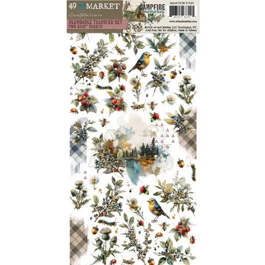 Verpackung der Blendable-Rub-On-Bögen mit Beeren, Distelblüten und Rotkehlchen der Kollektion Campfire Memories.