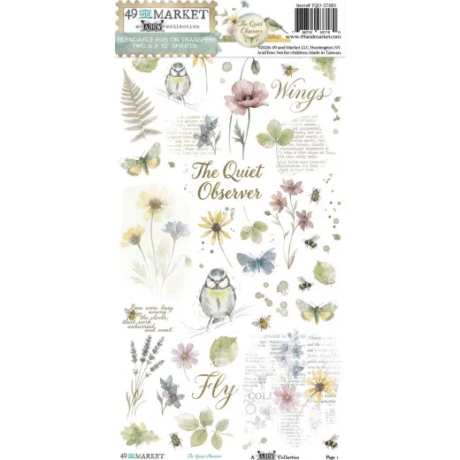 Verpackung der Blendable-Rub-On-Bögen mit Blumen, Vögeln und Schriftzügen wie „Wings" der Kollektion The Quiet Observer.
