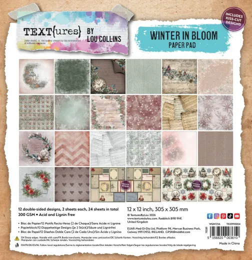 Verpackungsrückseite des 12x12 Paper Packs mit Übersicht aller 24 Winterblätter in Rosé-, Grün- und Cremetönen.