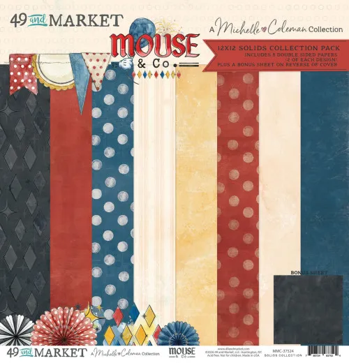 Verpackungsvorderseite mit acht einfarbigen 12x12-Papieren in Schwarz, Rot, Blau und Gelb der Kollektion Mouse & Co.