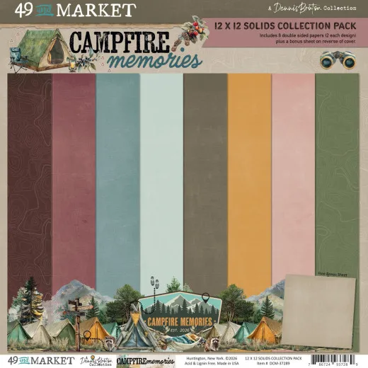 Verpackungsvorderseite mit acht einfarbigen 12x12-Papieren in Rot-, Blau-, Gelb- und Grüntönen der Kollektion Campfire Memories.